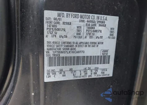 2001 Ford F-150 Harley-Davidson Edition/King Ranch Edition/Lariat/Xlt из США, поврежденный, VIN 1FTRW07LX1KC60773